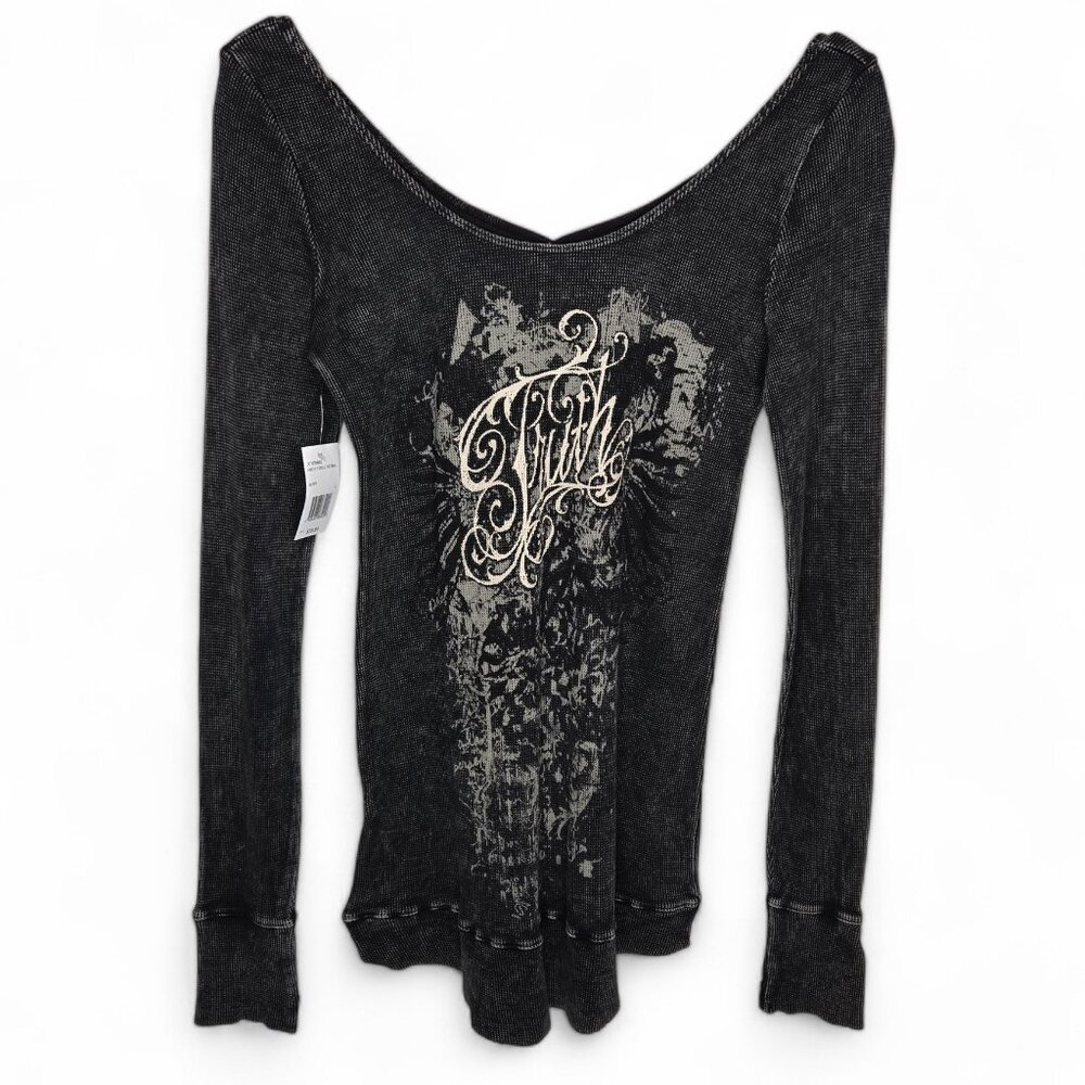 NWT Truth Liberty Girls‎ Thermal Top Women's Off Shoulder Distressed Grunge L